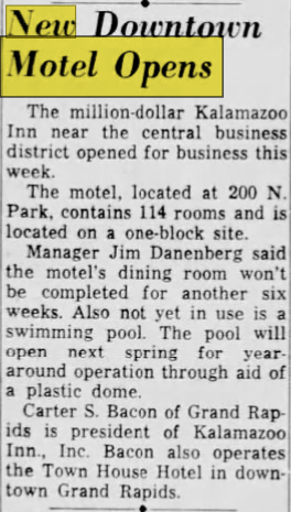Kalamazoo Inn (Valley Inn Motel) - Oct 25 1962 Article (newer photo)